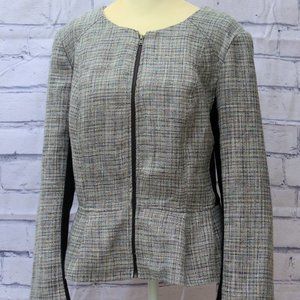 ELLE Tweed Grey Black Peplum Zip Front Jacket